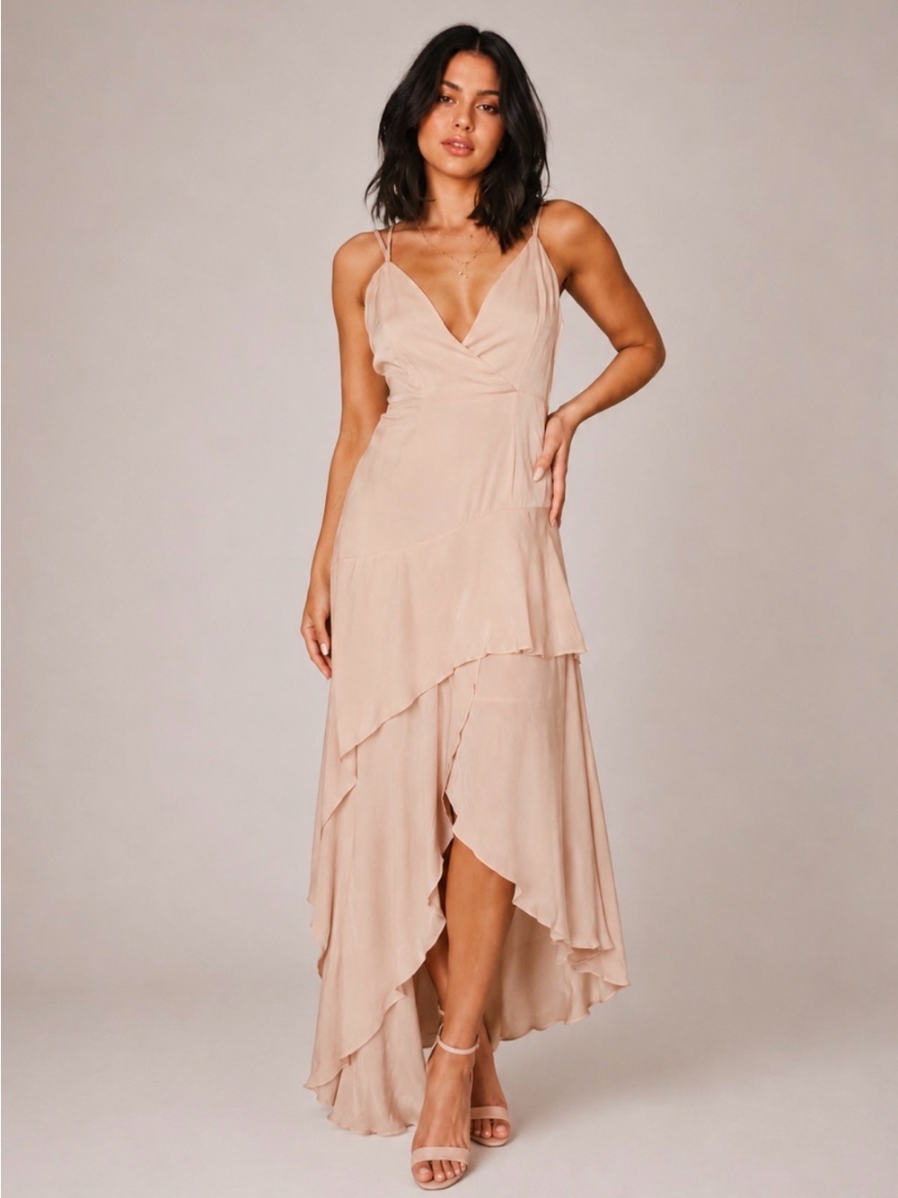 Champagne Ruffle High-Low Maxi Dress - Picture 1 of 8